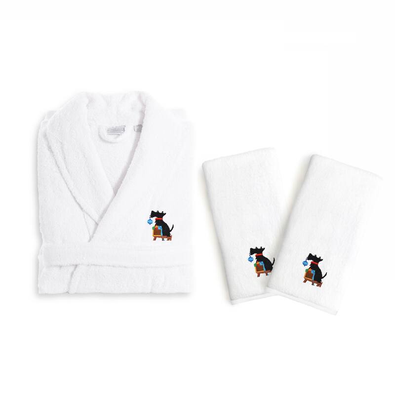 Authentic Hotel and Spa Holiday Scottie Dog Terry Cloth Turkish Cotton Bath Robe and Hand Towel Set (Set of 3) - S/M