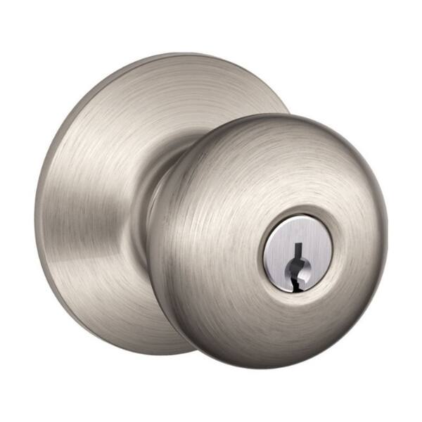 slide 1 of 2, Schlage Plymouth Satin Brass Steel Entry Lockset ANSI Grade 2 1-3/4 in.