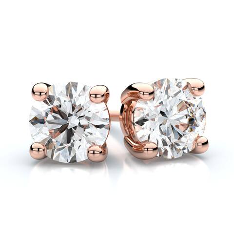 IGI Certified 14k Rose Gold 4-prong Round Diamond Stud Earrings 1ctw , H-I , SI