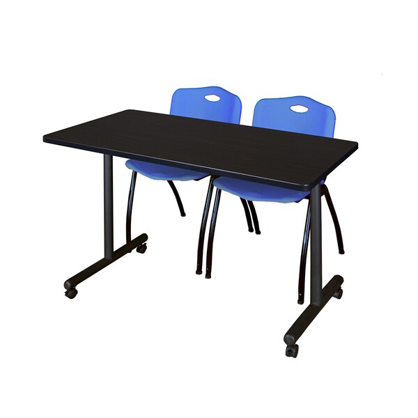 Kobe Black Metal and Wood 48-inch x 24-inch Mobile Training Table with 2 Blue M-style Stacking Chairs