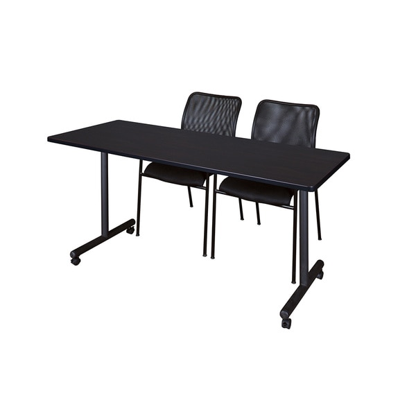 Kobe Black Wood and Metal 60-inch x 24-inch Mobile Training Table with 2 Black Mario-style Stacking Chairs