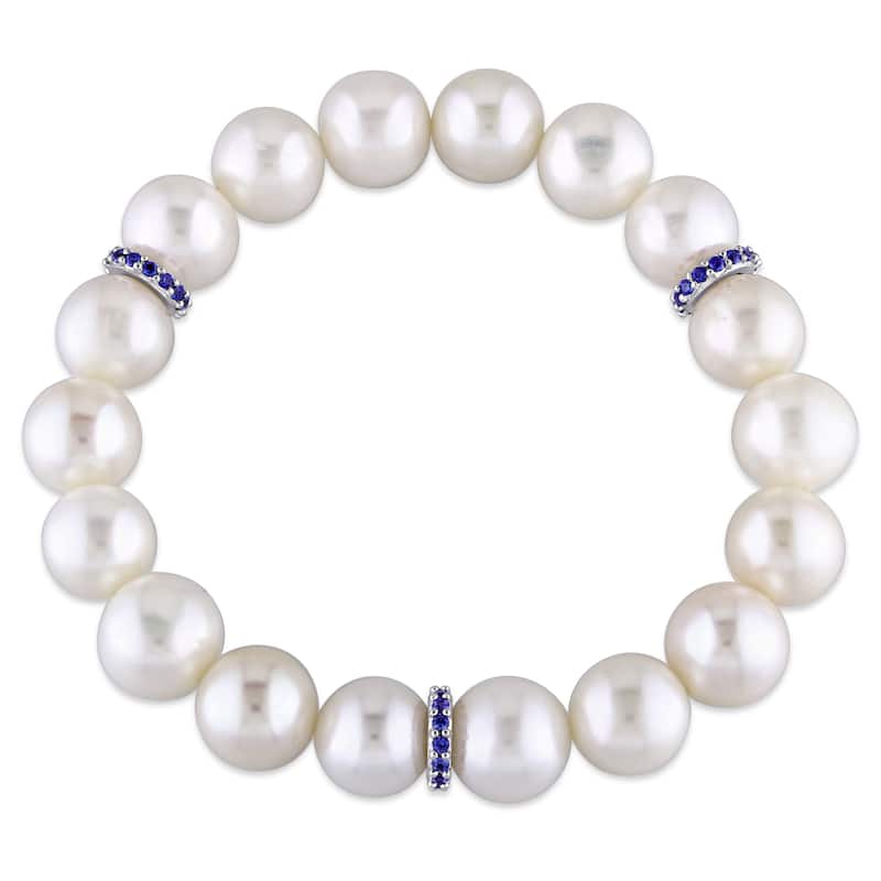 Miadora 9-9.5mm Freshwater Cultured Peal and Created Sapphire Rondelles Beaded Bracelet - Blue