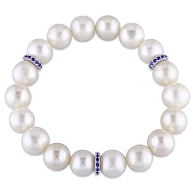 Miadora 9-9.5mm Freshwater Cultured Peal and Created Sapphire Rondelles Beaded Bracelet - Blue