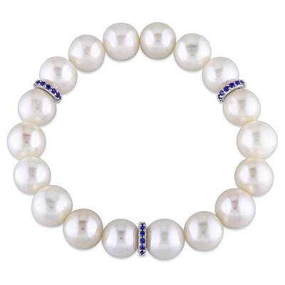 Miadora 9-9.5mm Freshwater Cultured Peal and Created Sapphire Rondelles Beaded Bracelet - Blue