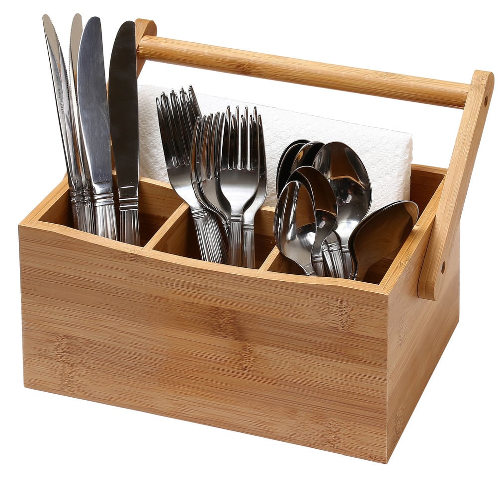 Ybm Home & Kitchen 4 Compartment Bamboo Flatware Caddy with Handle - Brown