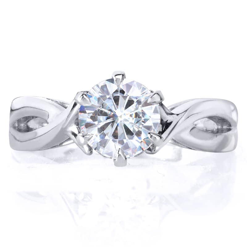 Annello by Kobelli 14k White Gold One Carat Forever One Moissanite Six Prong Crossover Solitaire Eng