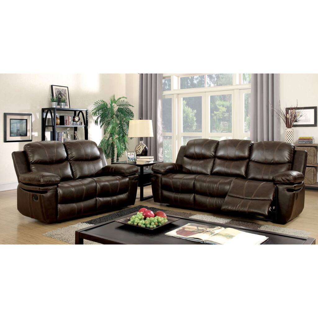 Traditional Brown Bonded Leather Padded 2-Piece Reclining Sofa Set by Furniture of America