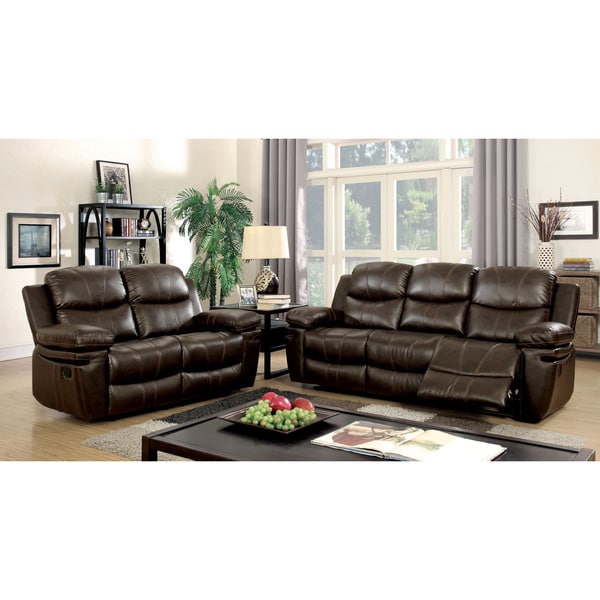 Furniture of America Ellister Transitional 3-Piece Brown Bonded Leather Match Reclining Sofa Set
