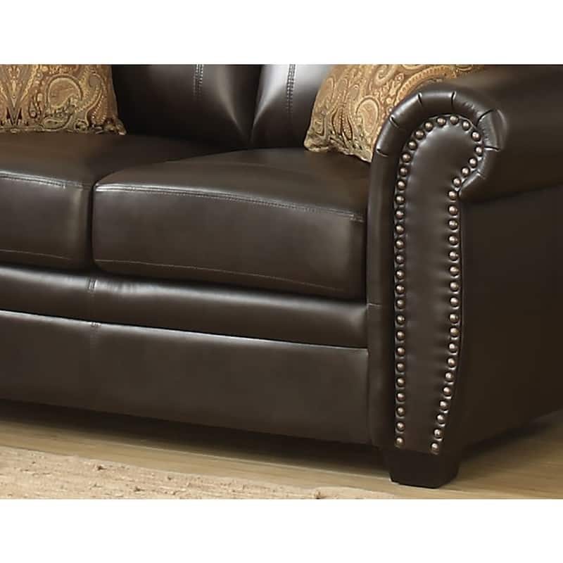 Louis Traditional Brown Italian Leather Stationary Loveseat - N/A