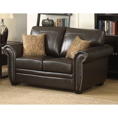 Louis Traditional Brown Italian Leather Stationary Loveseat - N/A