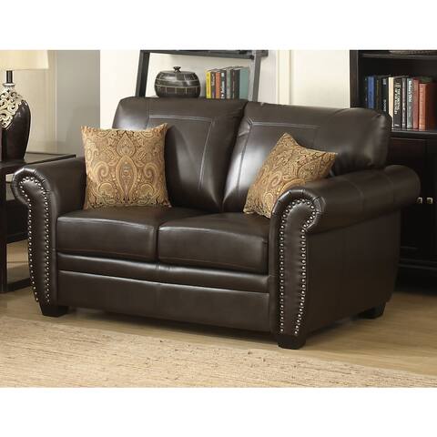 Louis Traditional Brown Italian Leather Stationary Loveseat - N/A