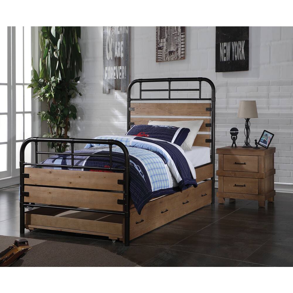 Adams Industrial Twin Bed with Optional Trundle, Antique Oak