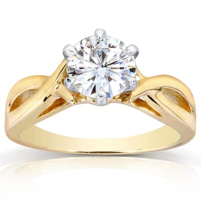 Annello by Kobelli 14k Yellow Gold One Carat Forever One Moissanite Six Prong Crossover Solitaire En