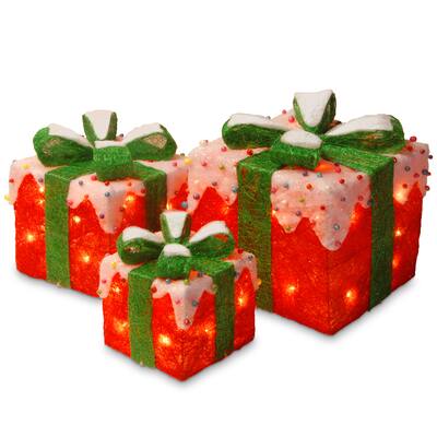 Red/Green Sisal Pre-lit Gift Box Assortment - White