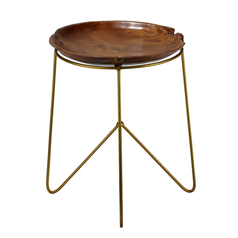 Bare Decor Paolo End Table with Teak Wood Top with Gold Finish Metal Legs