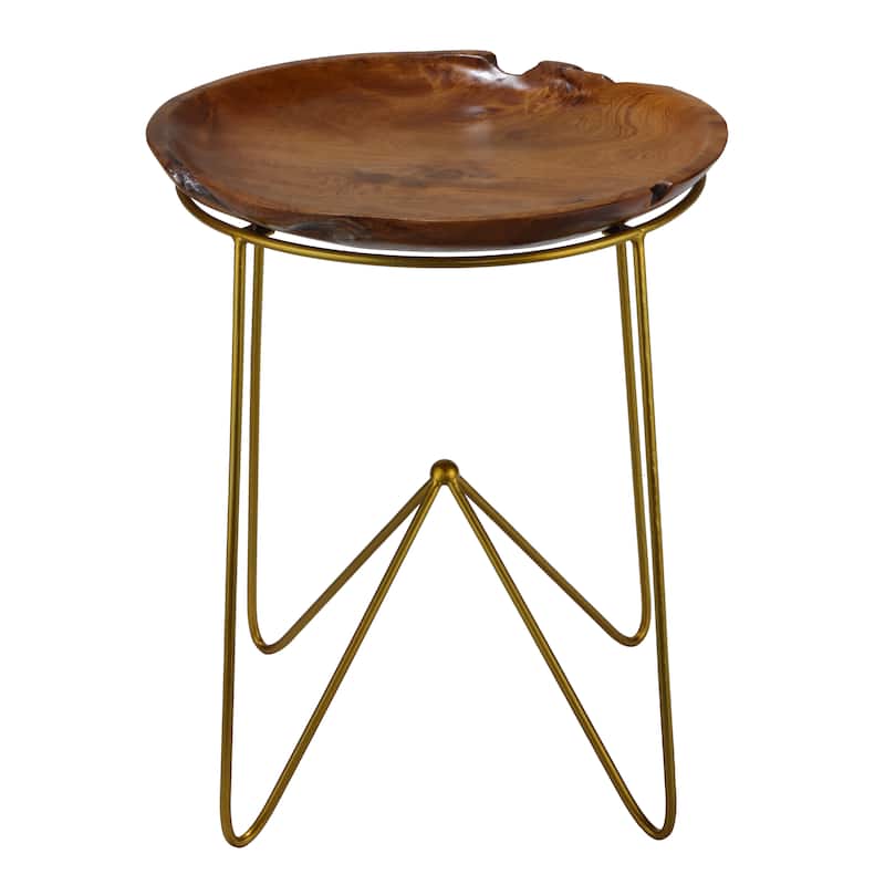 Bare Decor Paolo End Table with Teak Wood Top with Gold Finish Metal Legs