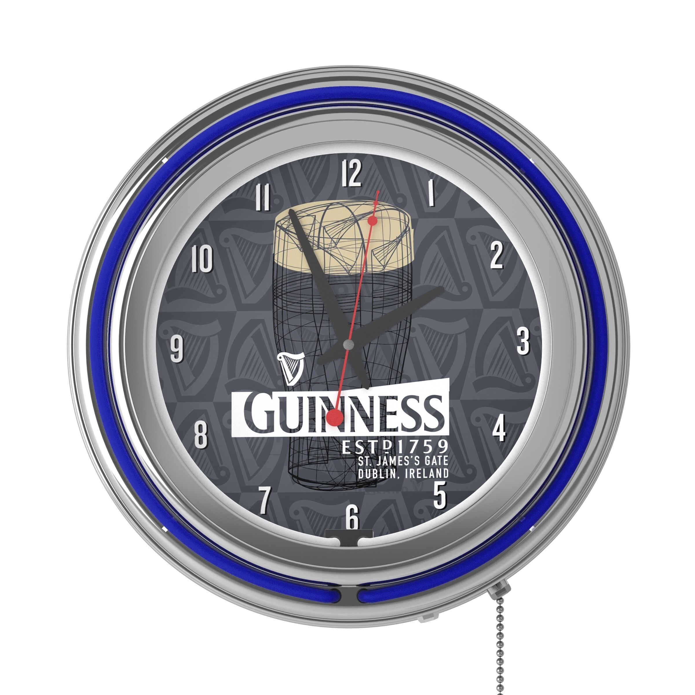 Guinness Chrome Double Rung Neon Clock - Blue - 14.5