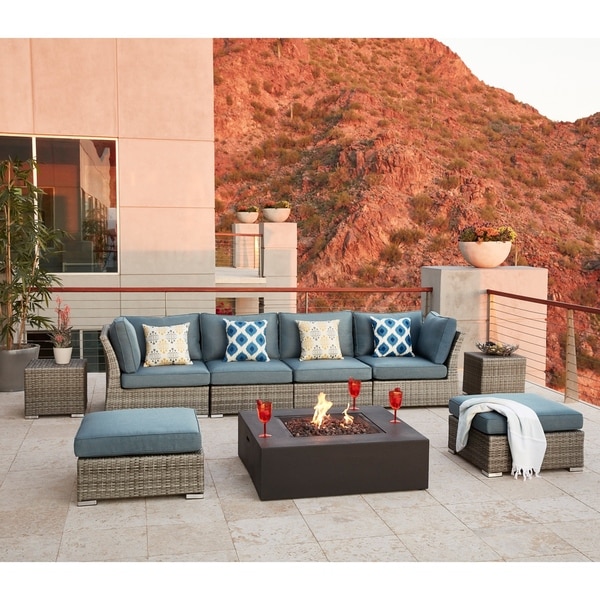 Corvus 8-piece Grey Wicker Patio Furniture Set with Blue Cushions