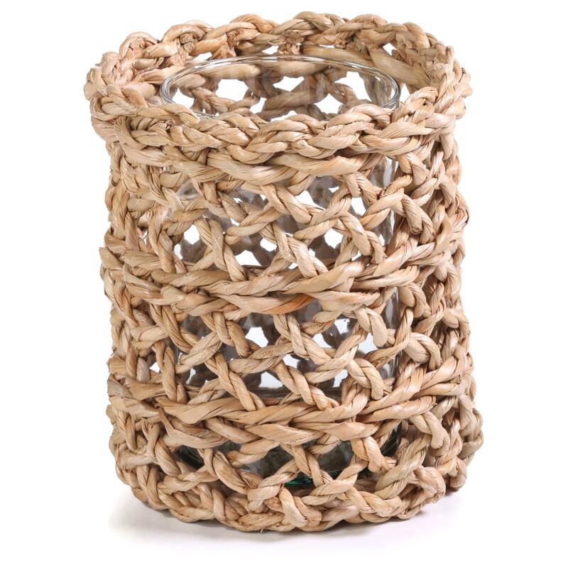 9.5" Tall Seagrass Woven Hurricane Candle Holder, Glass Insert