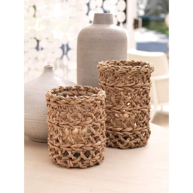 9.5" Tall Seagrass Woven Hurricane Candle Holder, Glass Insert