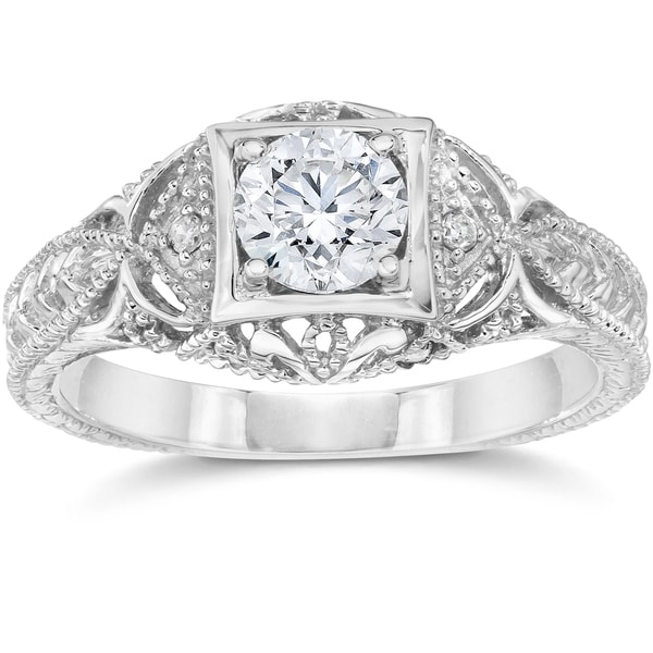 14k White Gold 5/8 ct TDW Vintage Diamond Antique Engagement Ring. Opens flyout.