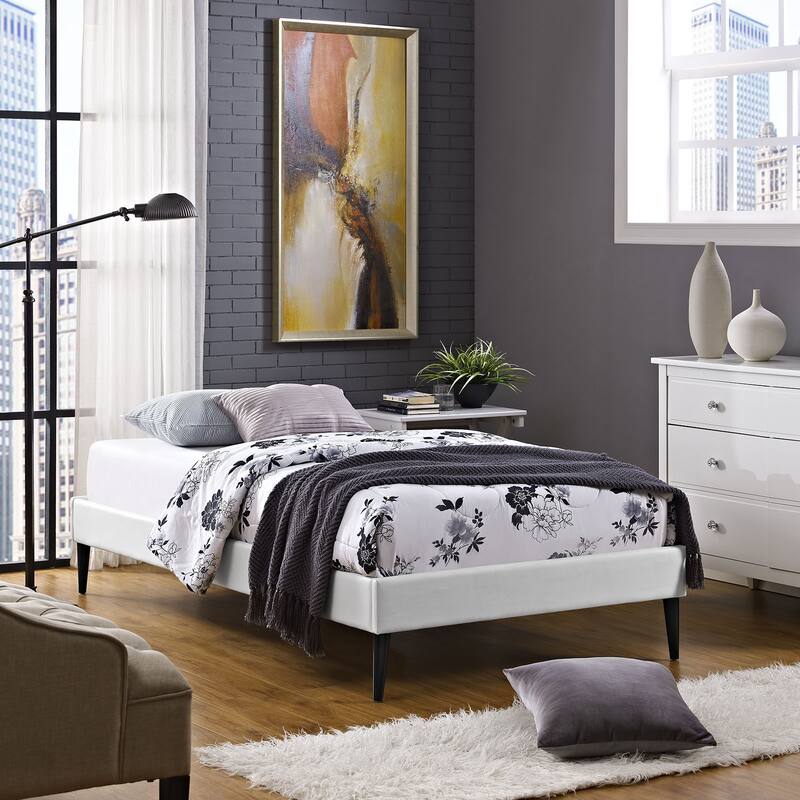 Sherry White Vinyl Twin Bed Frame With Round Tapered Legs