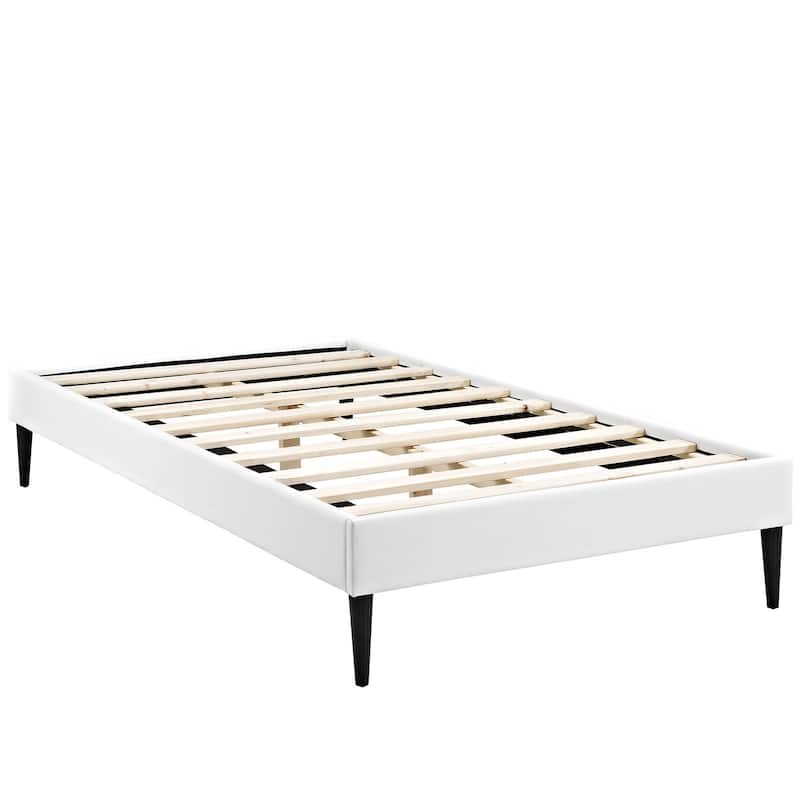 Sherry White Vinyl Twin Bed Frame With Round Tapered Legs