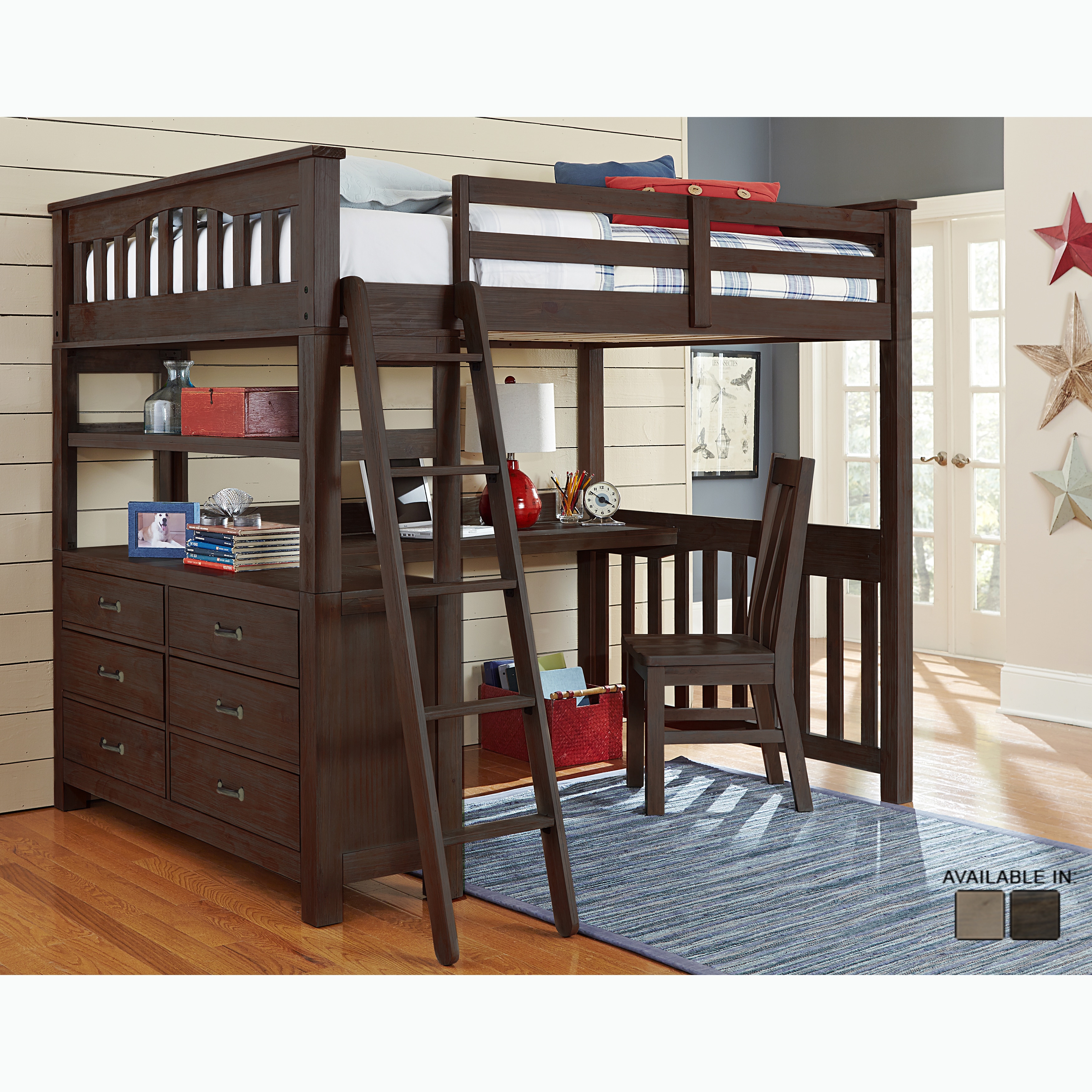 bunk bed with desk under it