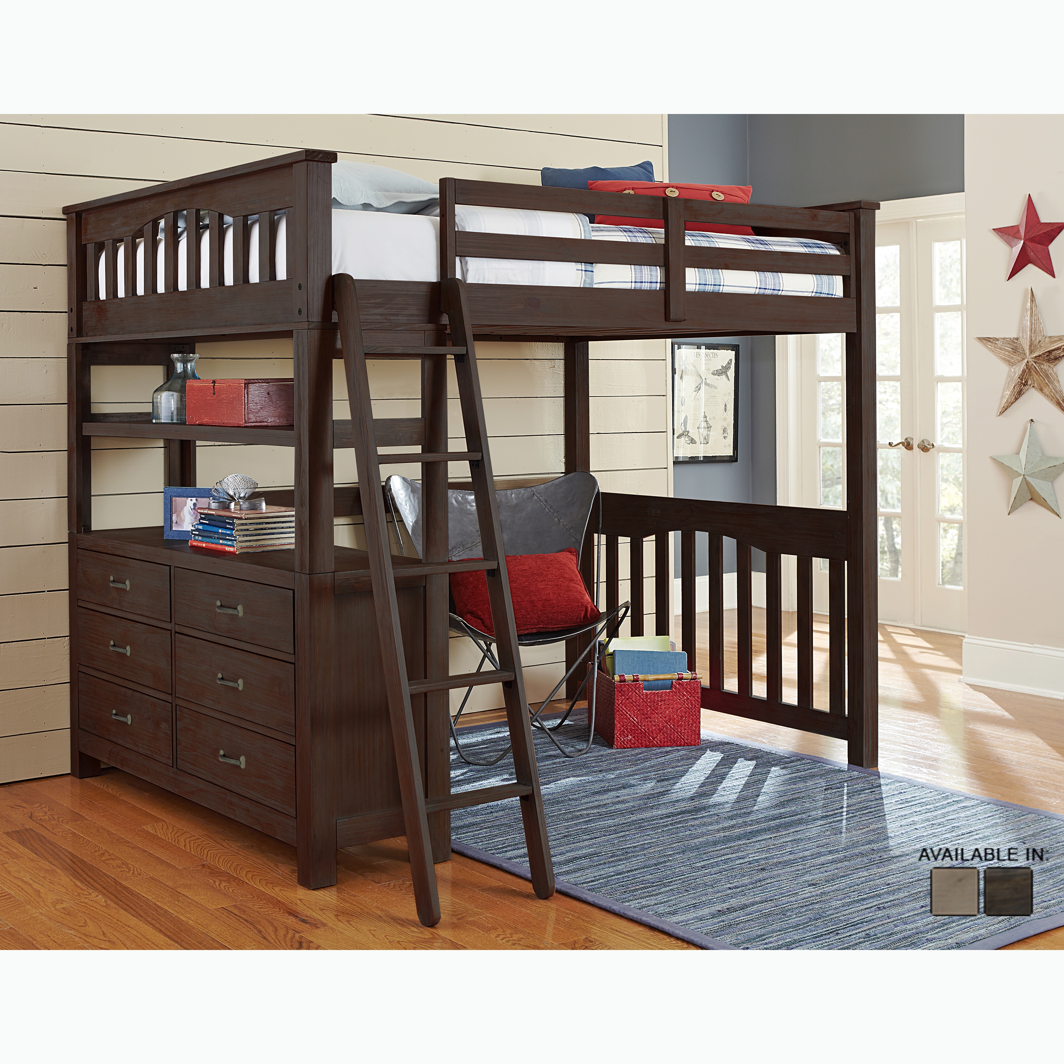 wooden full size loft bed with desk