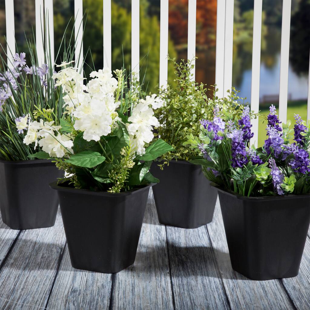 Set of 4 Pure Garden Plastic Flower Pots - 6 x 6 Inch Black - 6 x 6