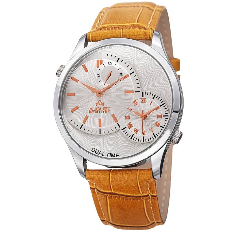 August Steiner Men's Swiss Quartz Multifunction Dual Time Tan Leather Strap Watch