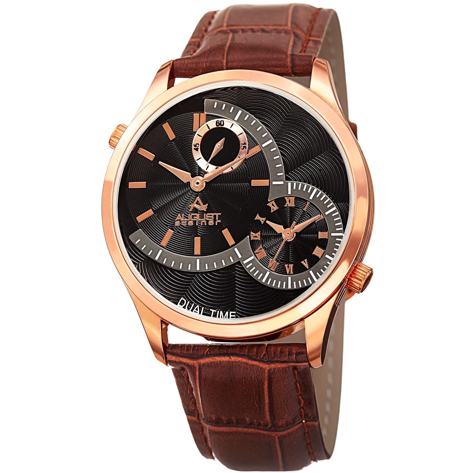 August Steiner Men's Swiss Quartz Multifunction Dual Time Brown Leather Strap Watch