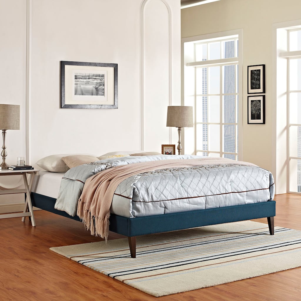 Sharon Azure Polyester Fabric and Wood Bed with Squared Tapered Legs