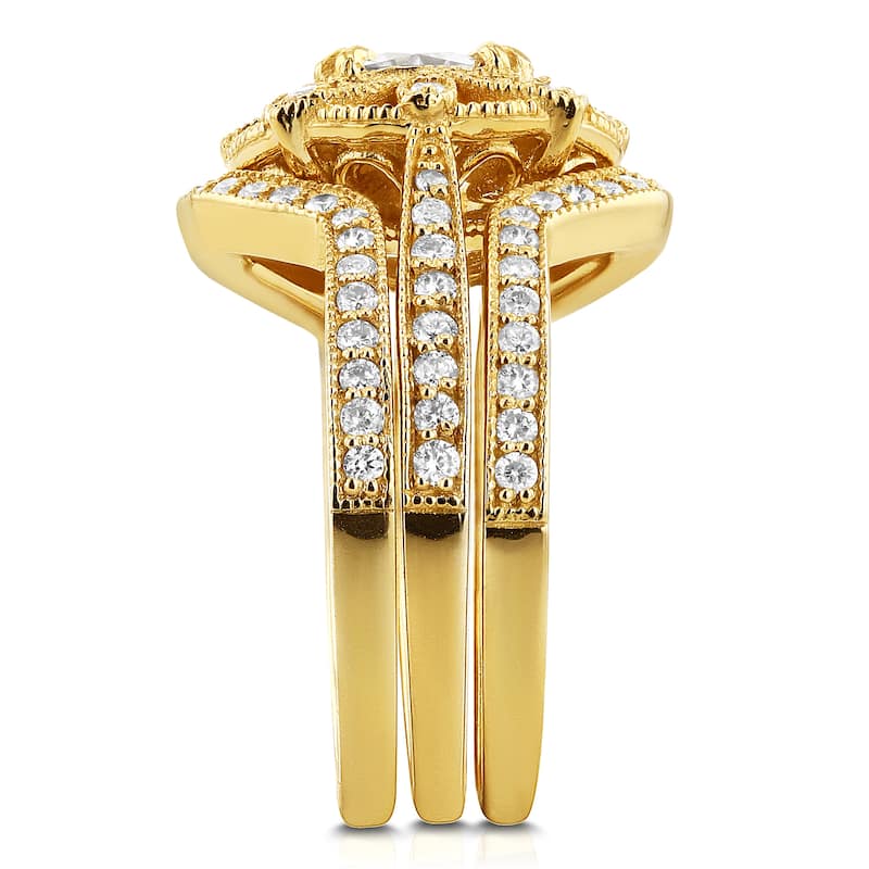 Annello by Kobelli 14k Yellow Gold Moissanite and 5/8ct TDW Diamond 3-Piece Floral Antique Bridal Set