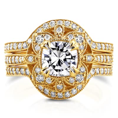 Annello by Kobelli 14k Yellow Gold Moissanite and 5/8ct TDW Diamond 3-Piece Floral Antique Bridal Set