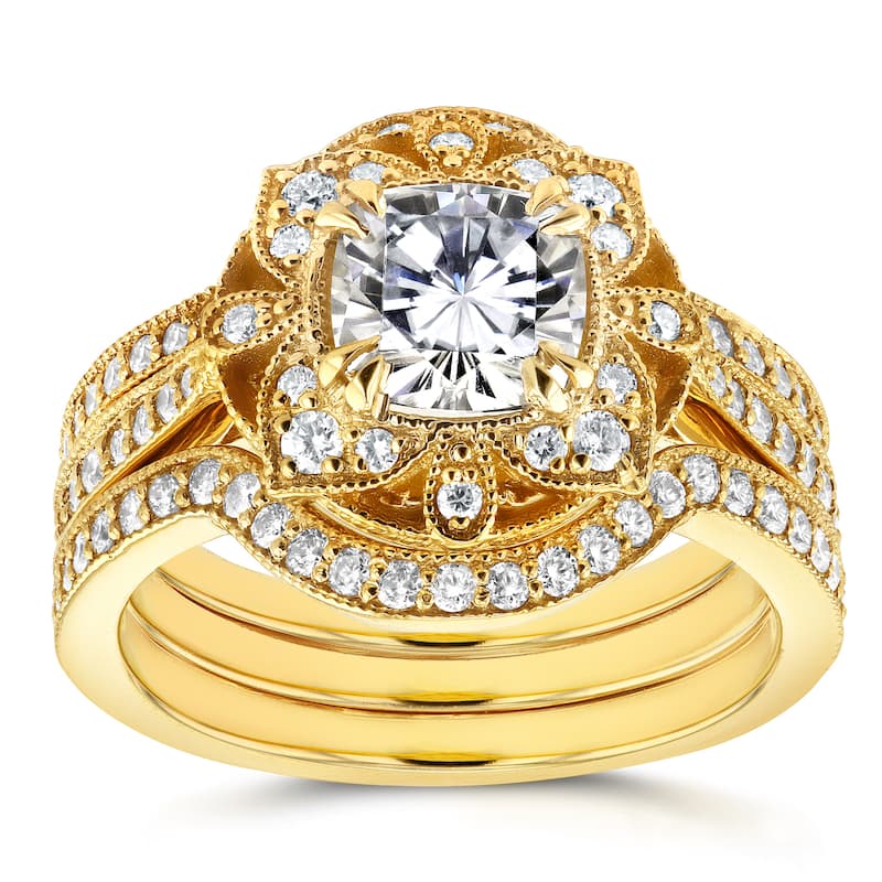 Annello by Kobelli 14k Yellow Gold Moissanite and 5/8ct TDW Diamond 3-Piece Floral Antique Bridal Set