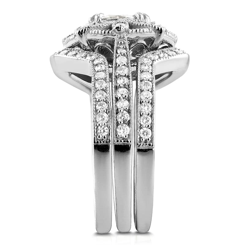 Annello by Kobelli 14k White Gold Moissanite and 5/8ct TDW Diamond 3-Piece Floral Antique Bridal Set