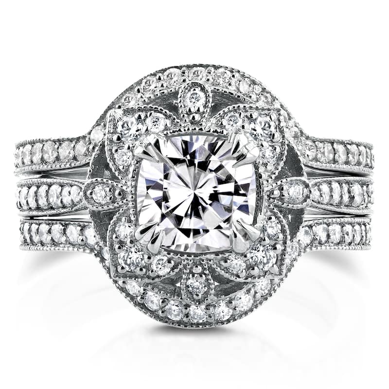 Annello by Kobelli 14k White Gold Moissanite and 5/8ct TDW Diamond 3-Piece Floral Antique Bridal Set