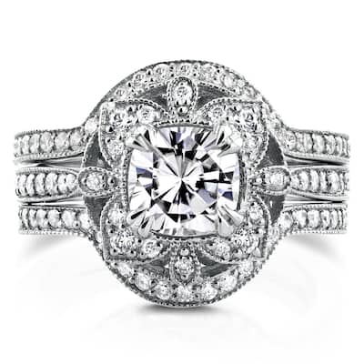 Annello by Kobelli 14k White Gold Moissanite and 5/8ct TDW Diamond 3-Piece Floral Antique Bridal Set