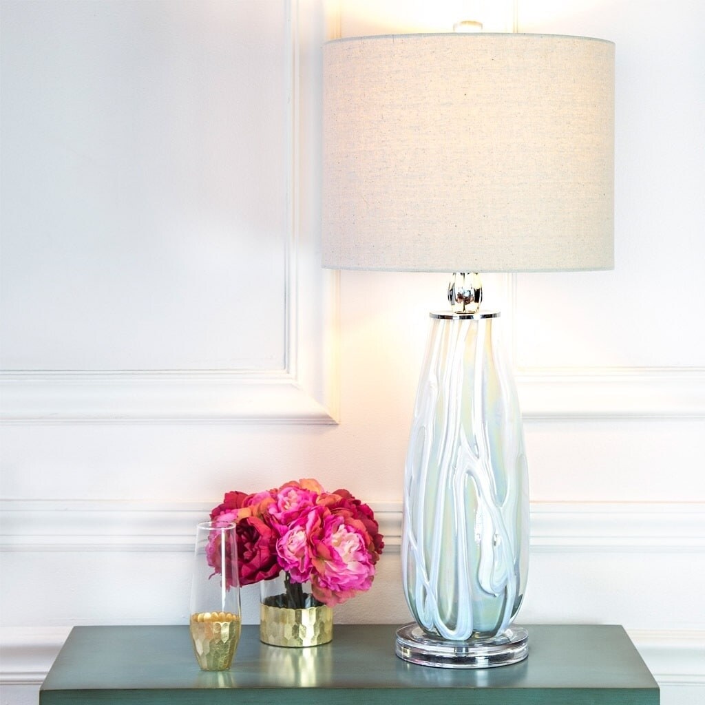 River of Goods Sophisticated Serenity White Linen and Blown Glass Table Lamp