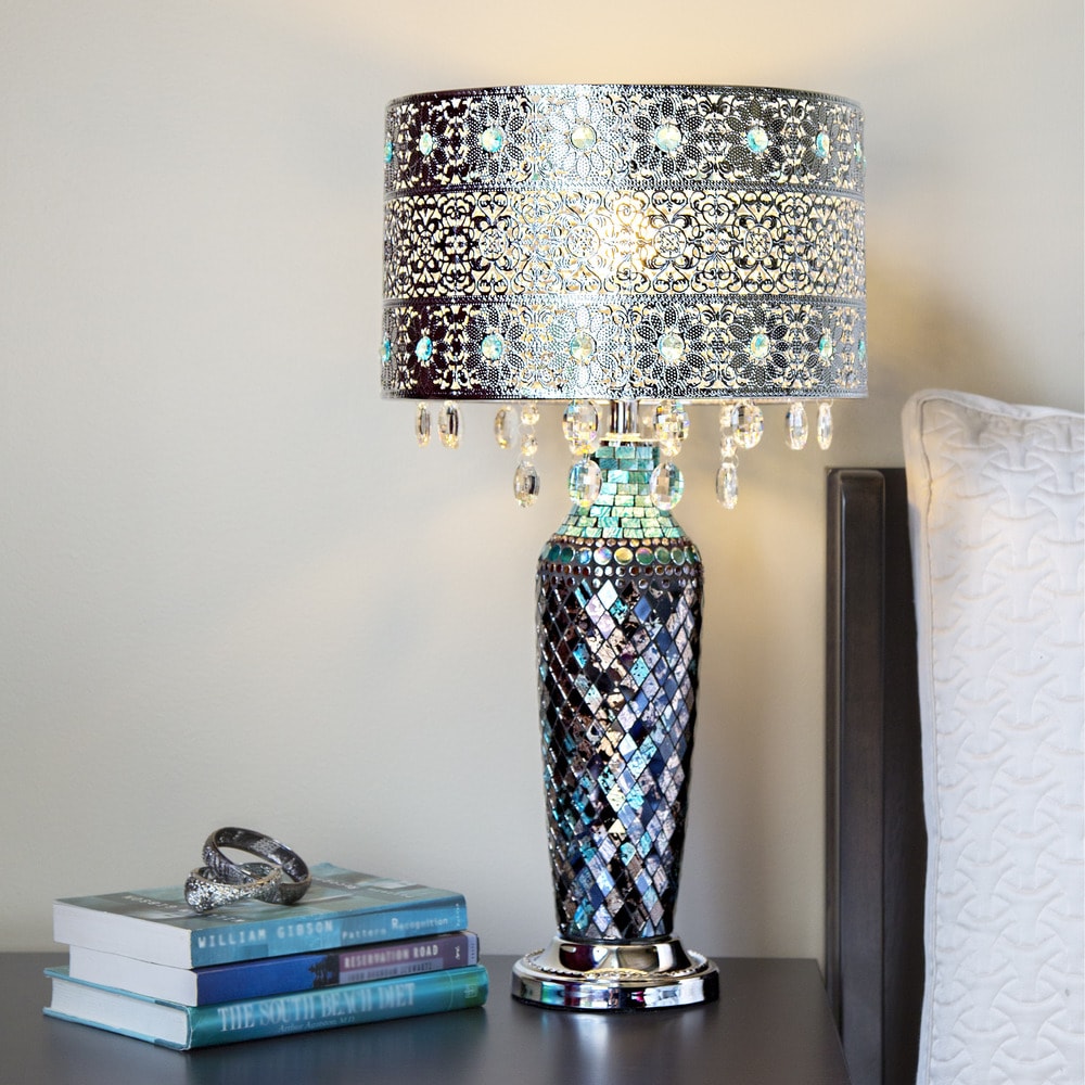 River of Goods Metal Mosaic Hanging Glass Crystal Table Lamp - 13"L x 13"W x 24.25"H