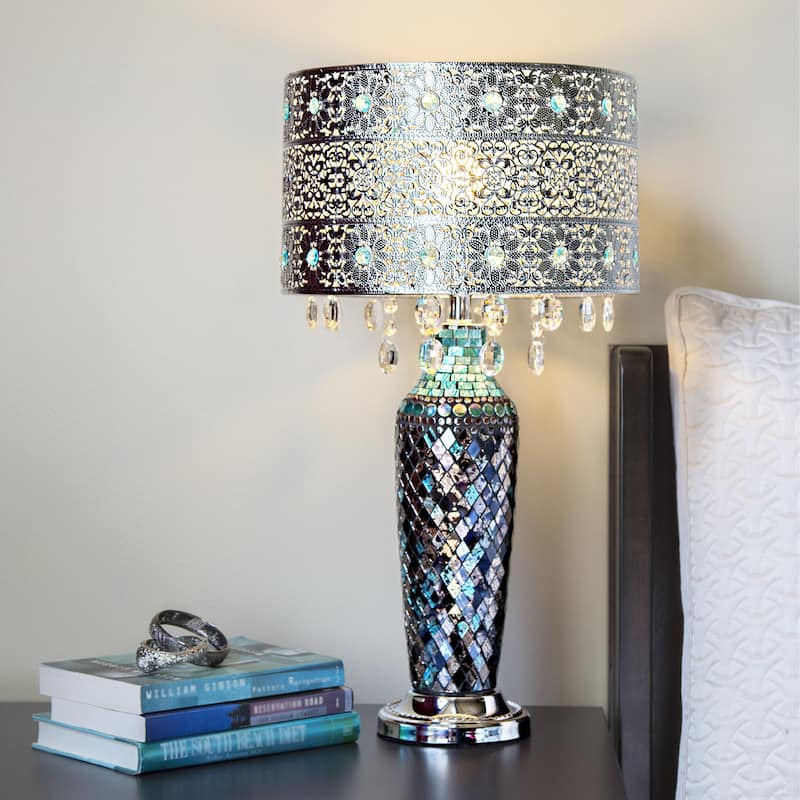 Metal Mosaic Hanging Glass Crystal Table Lamp - 13"L x 13"W x 24.25"H