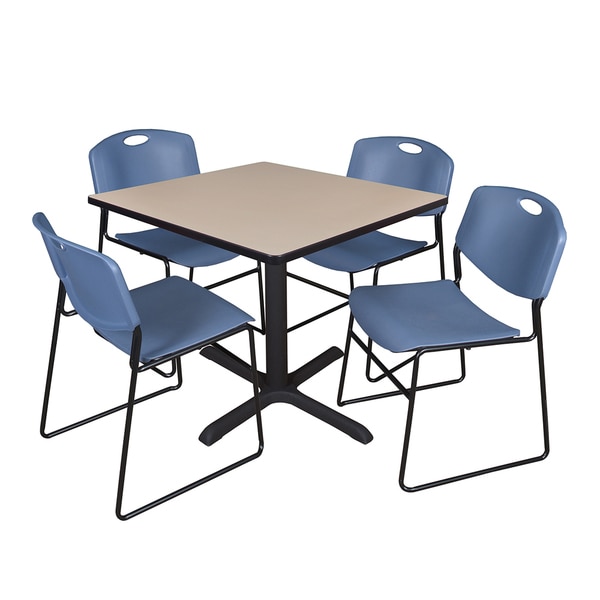 42-inch Square Table and 4 Zeng Stackable Blue Chairs