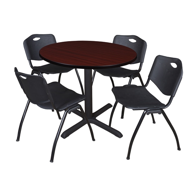 Round 42-inch Table and 4 'M' Stackable Black Chairs