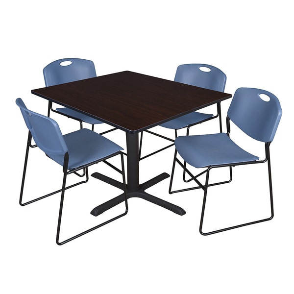48-inch Square Table and 4 Zeng Stackable Blue Chairs