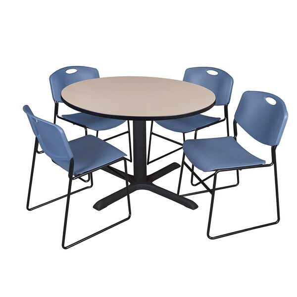 48-inch Round Table and 4 Zeng Stackable Blue Chairs