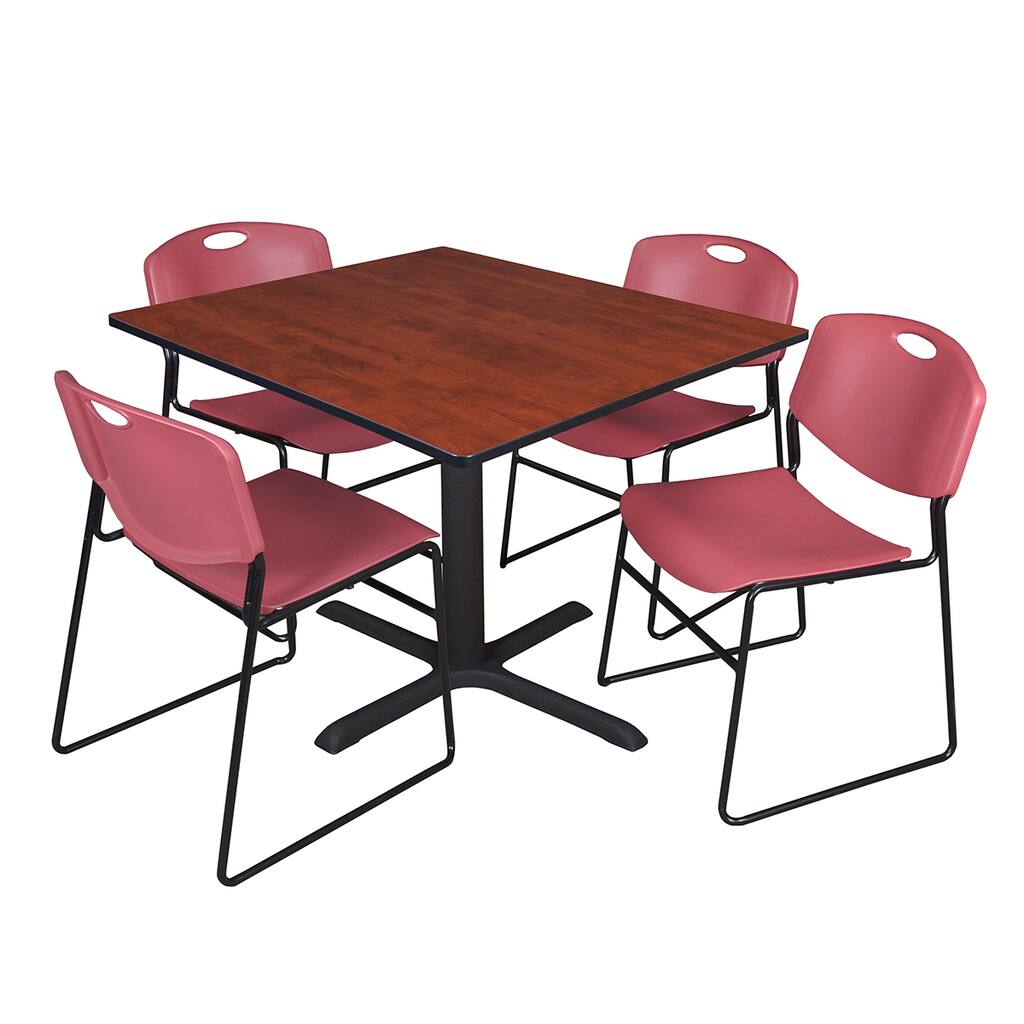 48-inch Square Table and 4 Zeng Stackable Burgundy Chairs