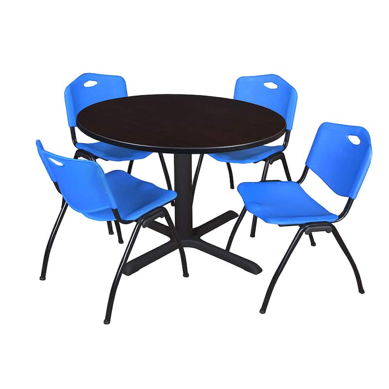 Round 48-inch Table and 4 'M' Stackable Blue Chairs
