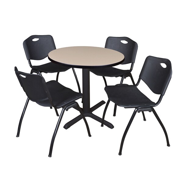 30-inch Round Table and 4 'M' Stackable Black Chairs