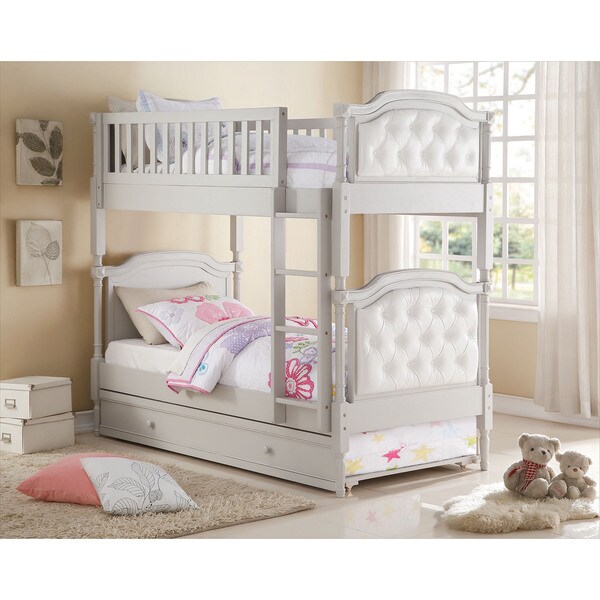 Pearlie PU Grey\/ Pearl White Twinovertwin Bunk Bed with Optional Trundle Free Shipping Today Pearlie PU Grey\/ Pearl White Twinovertwin Bunk Bed with Optional Trundle Free Shipping Today